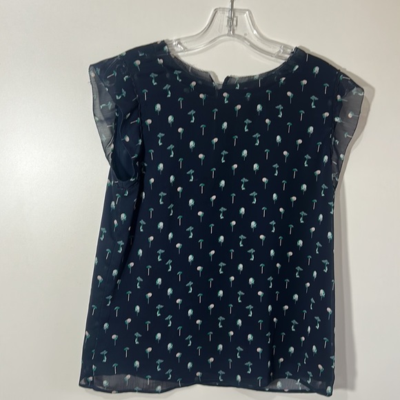 ANN TYLOR SLEEVES CHIFFON LINED BLOUSE RUFFLED CUT SLEEVES NAVY BLUE GREEN SMALL - Picture 4 of 5